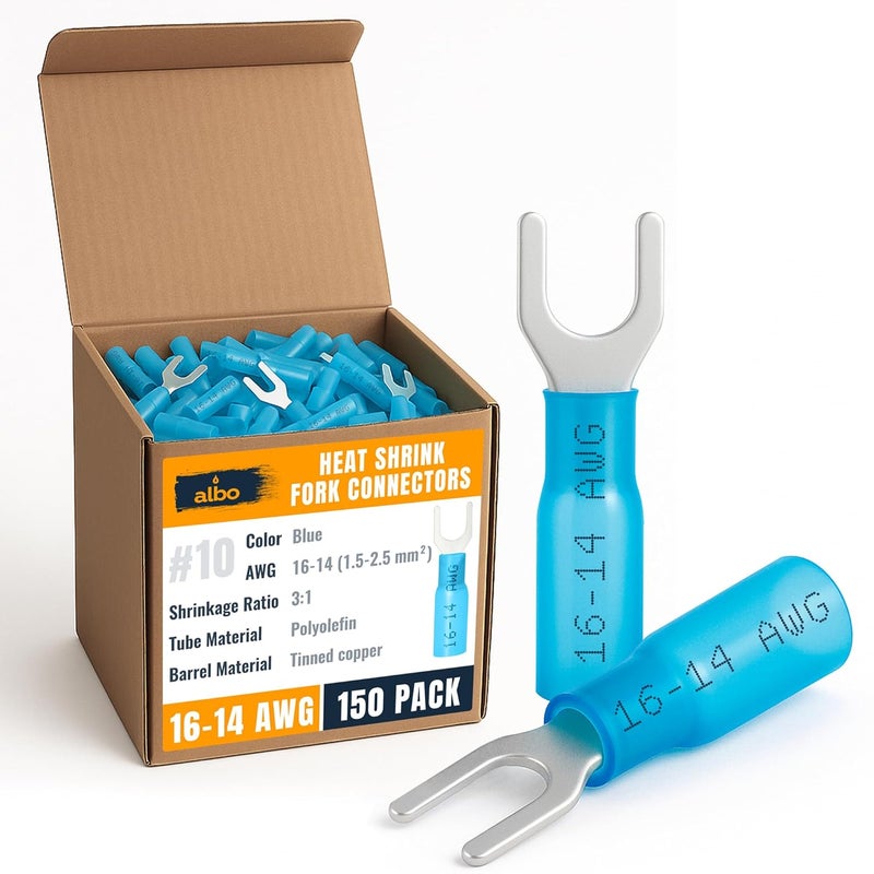 ALBO 150PCS Blue Heat Shrink Fork Spade Connectors #10 – 16-14 AWG Tinned Copper Terminals, Waterproof Wire Crimp Kit for Automotive, Marine, Speaker & Electrical Wiring - Image 1